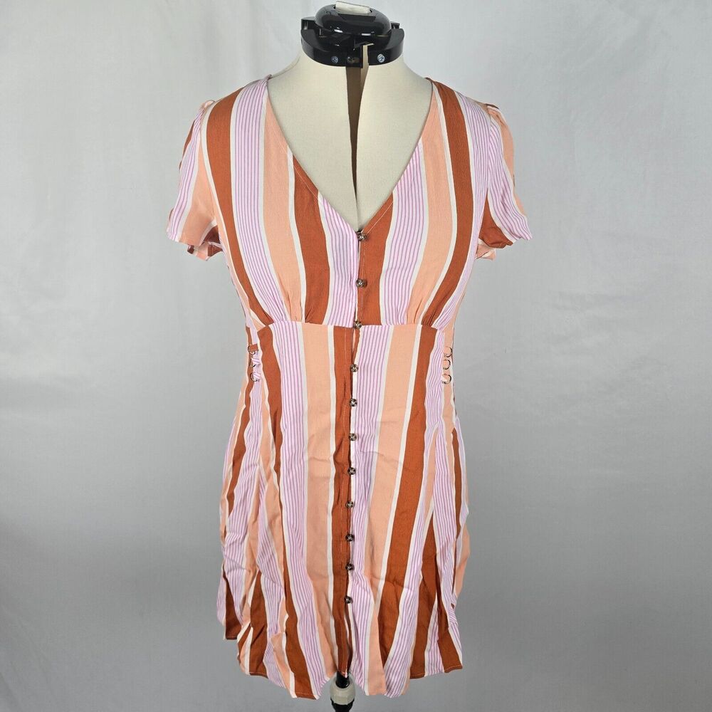 Forever 21 Dress Women's L Pink Stripe Button Down Short Sleeve V-Neck Mini NWT
